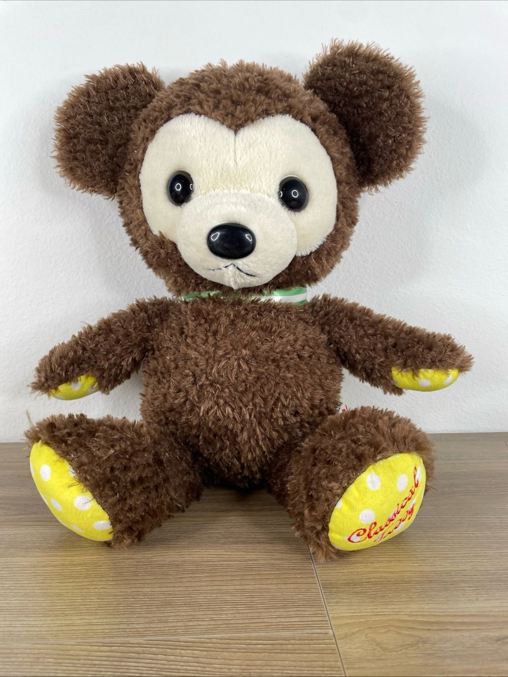 Amuse Classical Cute Teddy Bear Brown Curly Fur Plush 17" Polka Dot Feet Japan